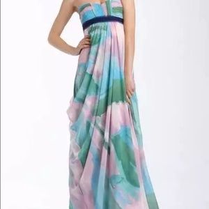 BCBG watercolour strapless formal maxi dress